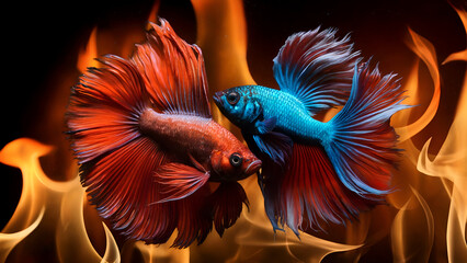Fototapeta premium Two vividly colored betta fish, one red and one blue, swim amidst flames. The image depicts striking visual contrast for a fiery and intense concept.