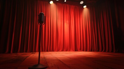 A vintage microphone stands center stage against a dramatic red curtain backdrop, illuminated by spotlights. Ready for a performance
