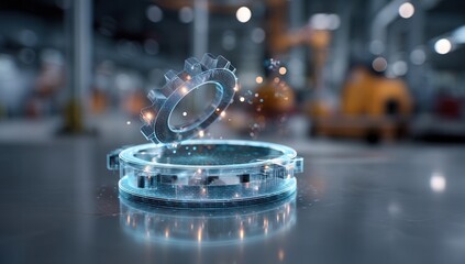 Fototapeta premium Futuristic holographic gear hovering in a high-tech factory.