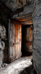 Rusty wooden door in stone passage, sunlight illuminating dust floor, suggesting mystery, age, and hidden secrets, ideal for adventure or historical themes