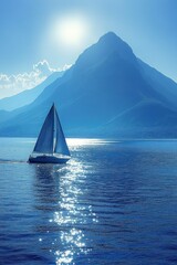 Sailboat on a tranquil lake, mountains in the background
