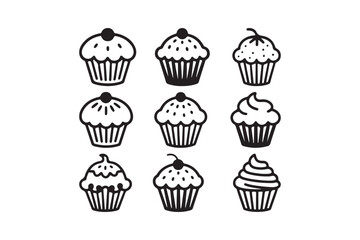 Cupcake Icon Set Cute Black and White Line Art Dessert Vector Collection