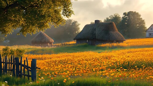 Idyllic Countryside Scene with Cottage and Wildflower Meadow in Golden Light
