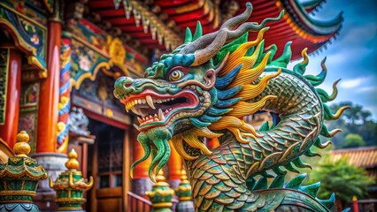 Fototapeta premium Majestic Dragon Temple Sculpture Serene Portrait Photography Capturing Intricate Detail and Ancient Spirit
