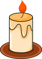 Lit Candle with Melted Wax on Brown Dish, Cartoon Style
