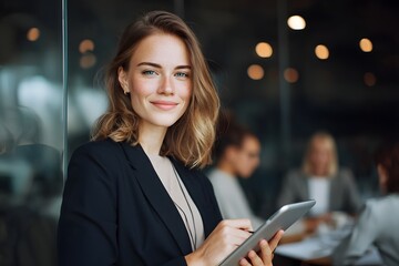 portrait of a confident businesswoman using a tablet, smiling at the camera in an office setting