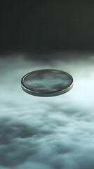 Floating coin in misty atmosphere abstract imagery conceptual art dreamy environment aerial perspective