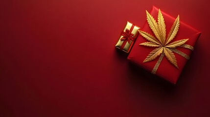 Red Gift Boxes with Golden Cannabis Leaf Christmas Present