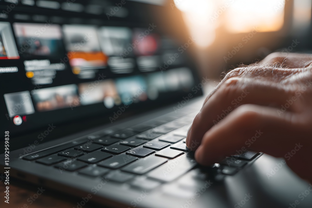 Poster person using laptop computer for streaming movies. the user is watching movies or tv shows on the co