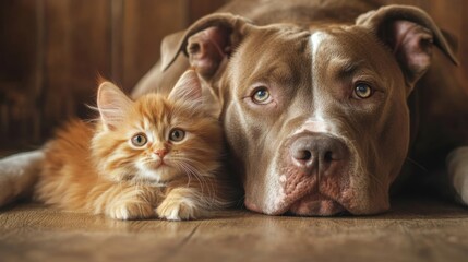 A heartwarming close-up of a ginger kitten nestled beside a gentle, brown pit bull on a wooden floor. A beautiful display of animal companionship