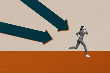 Creative sketch art collage of happy businesswoman run arrow decline statistics pointer bankruptcy...