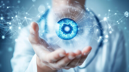 Human eye anatomy hologram on doctor hands. Awareness of eye diseases include age-related macular degeneration, cataract, diabetic retinopathy, and glaucoma. Digital vision eye care concept.