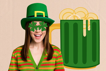 Creative full art collage of happy ginger girl stand beer glass wear saint patrick day cylinder hat...