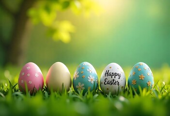 Five painted easter eggs celebrating a Happy Easter on a spring day with a green grass meadow, bright sunlight, tree leaves, cool colour background, copy space and a wooden bench to display products.