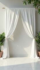 White fabric canopy, draped elegantly over a simple frame , branding, summer, fabric tent