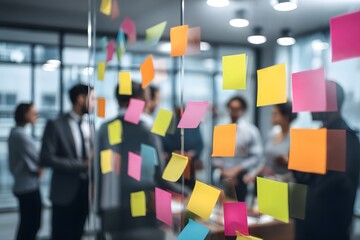 A diverse group of professionals brainstorming in an office with colorful sticky notes, a visual representation of ideas, plans and collaborative efforts.
