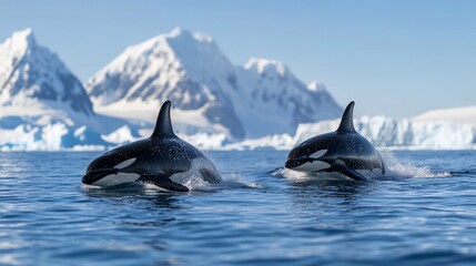 Fototapeta premium Orcas swimming, Antarctic mountains