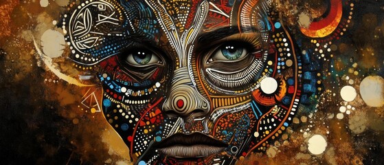 Fototapeta premium Abstract human face with colorful patterns and textures in a surreal style.