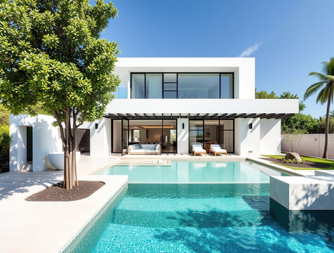 hotel villa exterior turquise color with big swimming pool