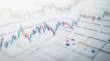 Stock trading expert analyzing digital asset performance with a multicolored graph overlay on a clean white and gray professional background.
