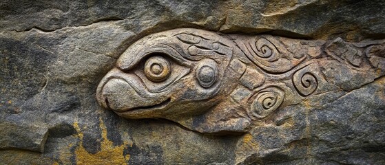 Carved stone turtle with spiral patterns embedded in a rock wall.