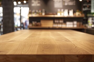 Empty wooden table with supermarket background for product display