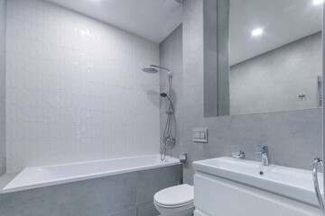 The laconic design of the bathroom in white and gray tones. A bathtub with a modern shower, a panoramic mirror over the sink.