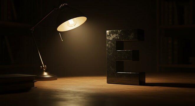 Illuminating Letter E with Desk Lamp on Wooden Surface