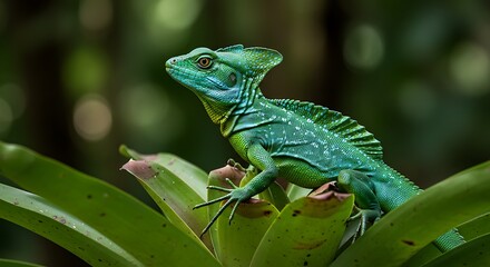 Fototapeta premium Green Basilisk Lizard Resting on Plant in Tropical Environment