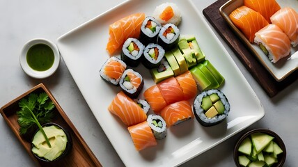 assorted japanese sushi with salmon, avocado and cucumber rolls arranged on square white plate, top view with fresh garnish and bright lighting, no branding, clean commercial style