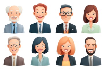 a set of diverse individuals with happy expressions representing different professional profiles and personalities. Each person is depicted in a portrait format