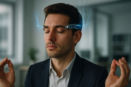 Homme M&eacute;ditant avec un Bandeau Neuronal dans un Bureau Moderne &ndash; Technologie et Pleine Conscience