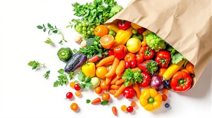 Colorful vegetables spilling from a paper grocery bag