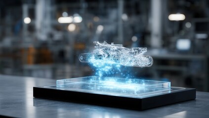 Futuristic holographic vehicle blueprint in a modern lab.