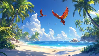 Two colorful parrots are soaring over a beautiful tropical beach scene
