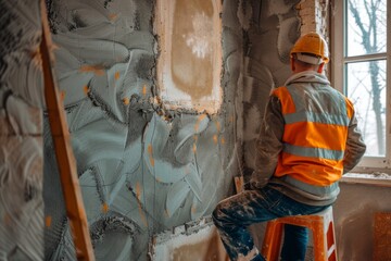 Construction worker installing house wall insulation in new home