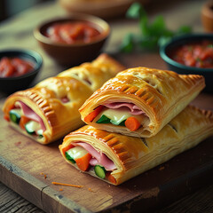 A close-up of three golden-brown, flaky pastries, filled with colorful vegetables, ham, and cheese, stacked on a rustic wooden cutting board