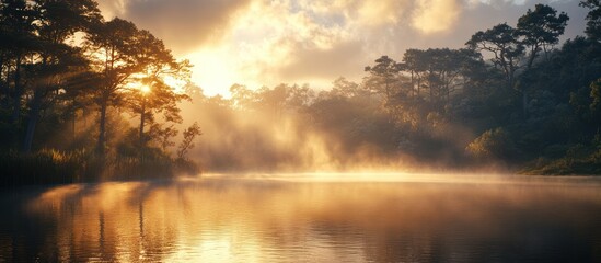 Sunrise over Misty Forest Lake