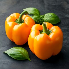 Two vibrant orange bell peppers with green basil leaves displayed