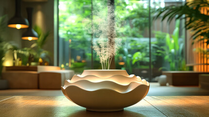 White bowl with a white flower on it is sitting on a wooden table