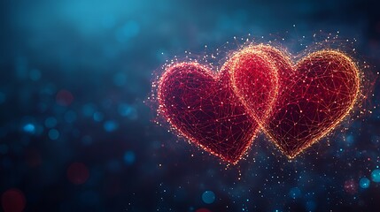Two digitally rendered hearts interconnected with glowing lines