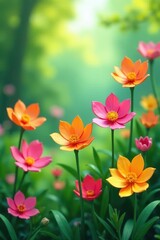 Soft light illuminates vibrant paper flowers artistically arranged in a lush green meadow , green, afternoon