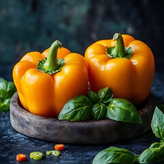 Two ripe yellow bell peppers and basil are presented visually
