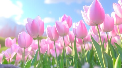 Fototapeta premium A field of pink flowers with a blue sky in the background