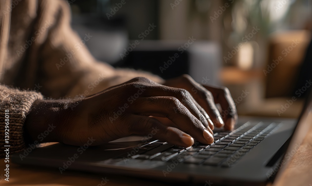 Poster close-up shot of a person typing on a laptop computer, highlighting the hands and keyboard, with a f