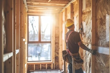 Construction worker installing house wall insulation in new home