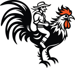 Cowboy riding a rooster isolated silhouette vector illustration, cowboy riding a giant, black rooster line art vector icon design