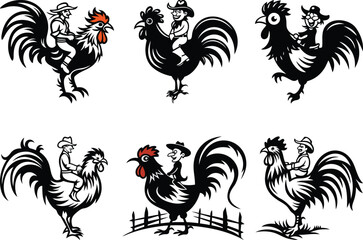 Cowboy riding a rooster isolated silhouette vector illustration, cowboy riding a giant, black rooster line art vector icon design