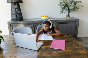 Young girl wearing headphones studying online at home using laptop