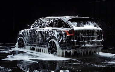 Photo of a black car wash, rear view of a luxury SUV covered in soap foam on a dark background